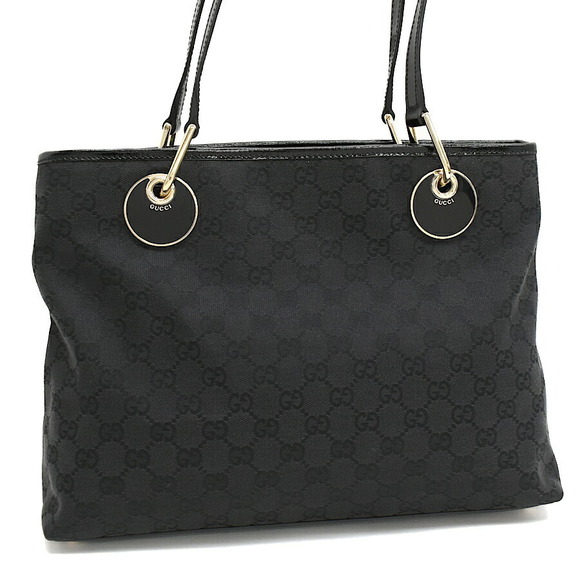 Gucci Handbags - Gucci Eclipse Black Shoulder Tote Bag GG Canvas Jacquard Leather